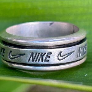 Vintage Rare Sterling Silver Nike black logo SPINNER band RING  Size 11-11.25